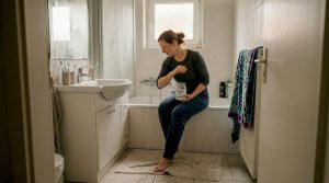 Eine Frau bereitet sich zuhause ein wohltuendes Salzbad vor.