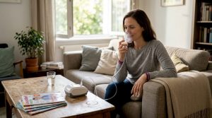 Eine Frau entspannt sich zuhause bei einer Salztherapie mit einem Inhalationsgerät.
