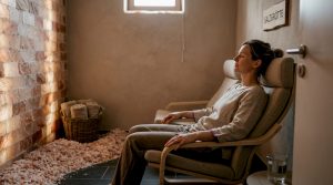 Eine Frau genießt die wohltuende Ruhe in einem Salzraum.