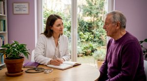 In einem freundlich eingerichteten Behandlungszimmer nimmt sich der Arzt Zeit für ein ausführliches Gespräch mit seiner Patientin.