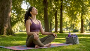 Eine Frau sitzt entspannt auf ihrer Yogamatte zu Hause und konzentriert sich ganz bewusst auf ihre Atmung.